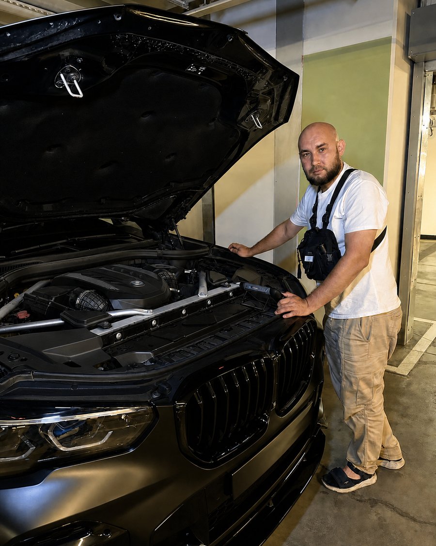 Ильдар проверяет двигатель BMW перед покупкой в Алматы